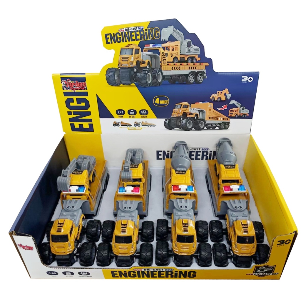 Vardem Sürtmeli Die-Cast 4X4 İnşaat Araçları Taşıyan Tır